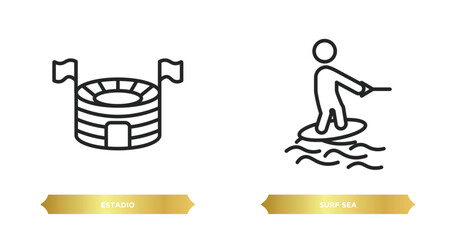 two editable outline icons from sports concept. thin line icons such as estadio, surf sea vector.
