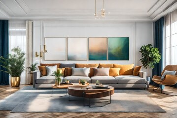 a contemporary living room with abstract art on the walls