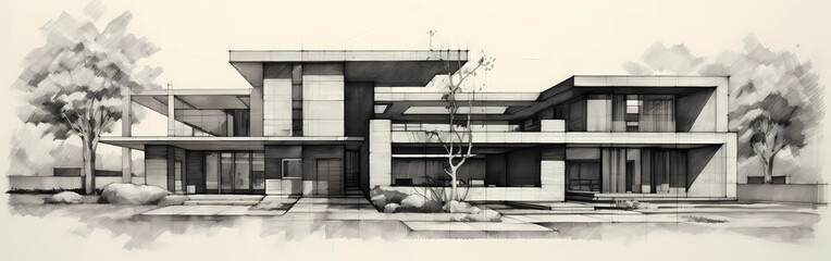 A black and white drawing sketch of a build by an architect
