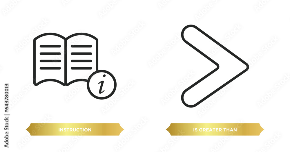 Poster two editable outline icons from signs concept. thin line icons such as instruction, is greater than 