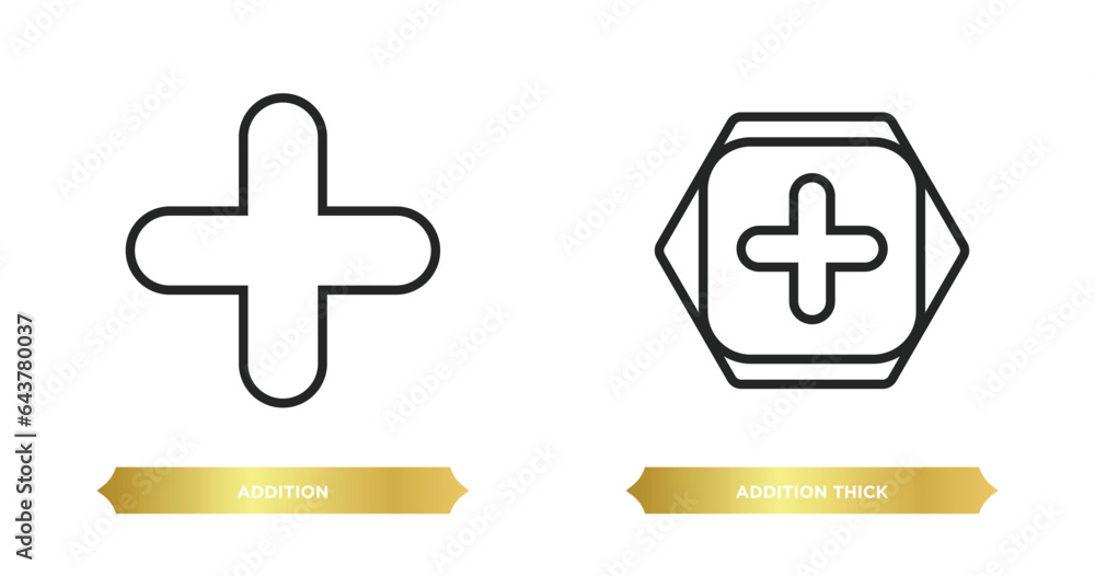 Poster two editable outline icons from signs concept. thin line icons such as addition, addition thick vect