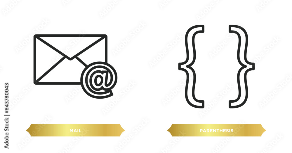 Poster two editable outline icons from signs concept. thin line icons such as mail, parenthesis vector.