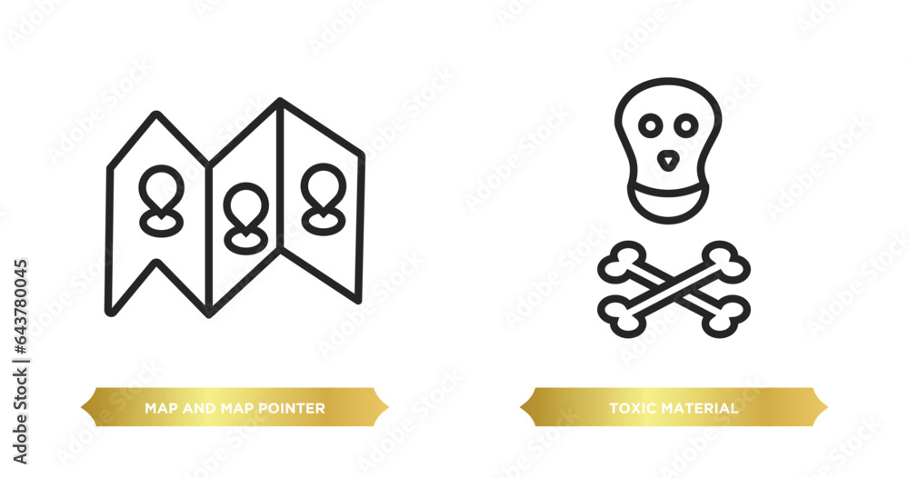 Poster two editable outline icons from signs concept. thin line icons such as map and map pointer, toxic ma