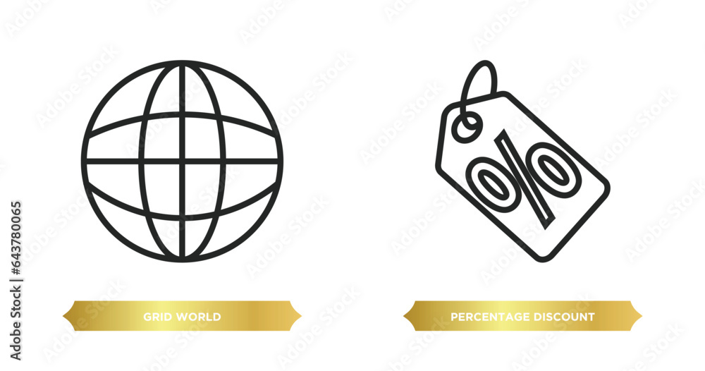 Poster two editable outline icons from signs concept. thin line icons such as grid world, percentage discou