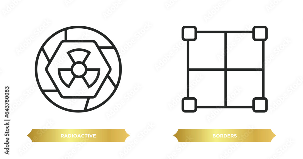 Poster two editable outline icons from signs concept. thin line icons such as radioactive, borders vector.
