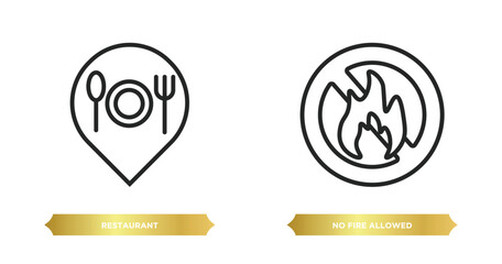 two editable outline icons from signs concept. thin line icons such as restaurant, no fire allowed vector.