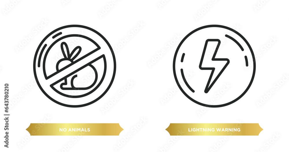 Poster two editable outline icons from signs concept. thin line icons such as no animals, lightning warning
