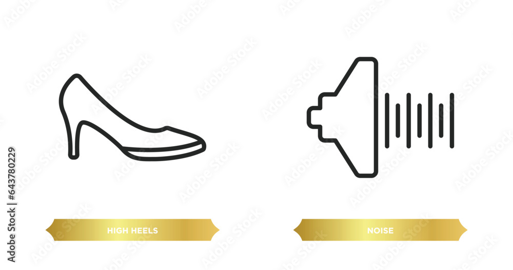 Poster two editable outline icons from signs concept. thin line icons such as high heels, noise vector.