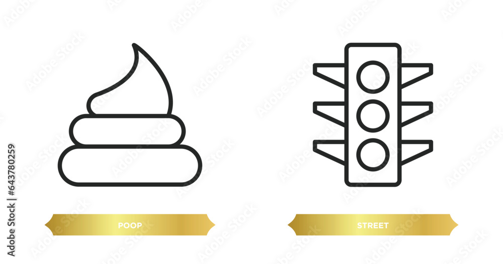 Poster two editable outline icons from signaling concept. thin line icons such as poop, street vector.