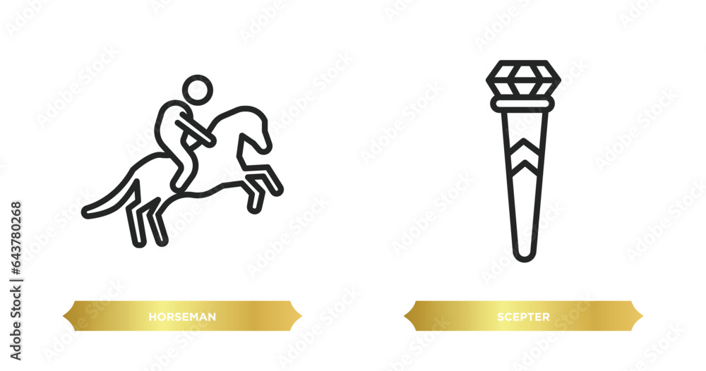 Poster two editable outline icons from shapes concept. thin line icons such as horseman, scepter vector.
