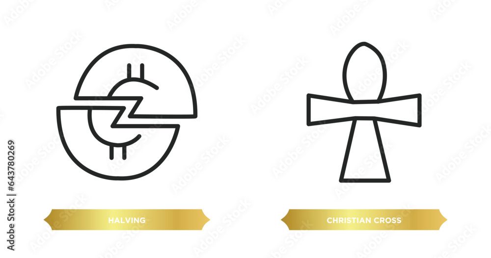 Poster two editable outline icons from shapes concept. thin line icons such as halving, christian cross vec