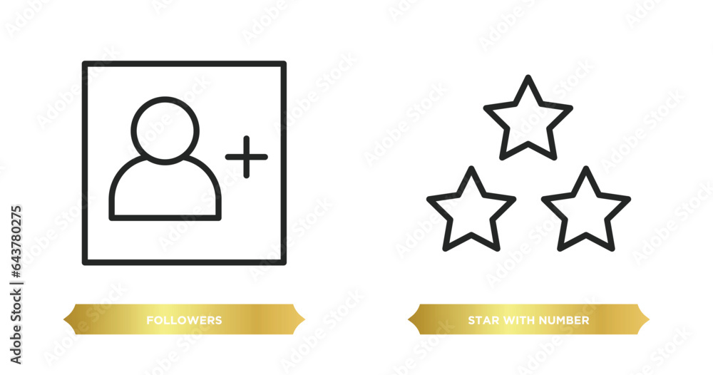 Poster two editable outline icons from shapes concept. thin line icons such as followers, star with number 