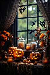 Obraz premium Happy Halloween background spooky scene, creepy dark night with jack o lantern pumpkins spooky ghosts horror gothic evil mysterious night haunted haloween house backdrop.
