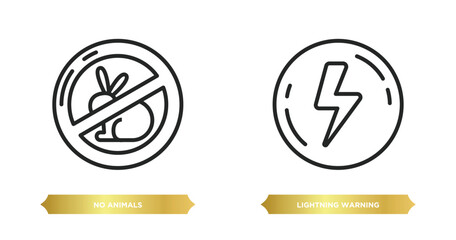 two editable outline icons from signs concept. thin line icons such as no animals, lightning warning vector.