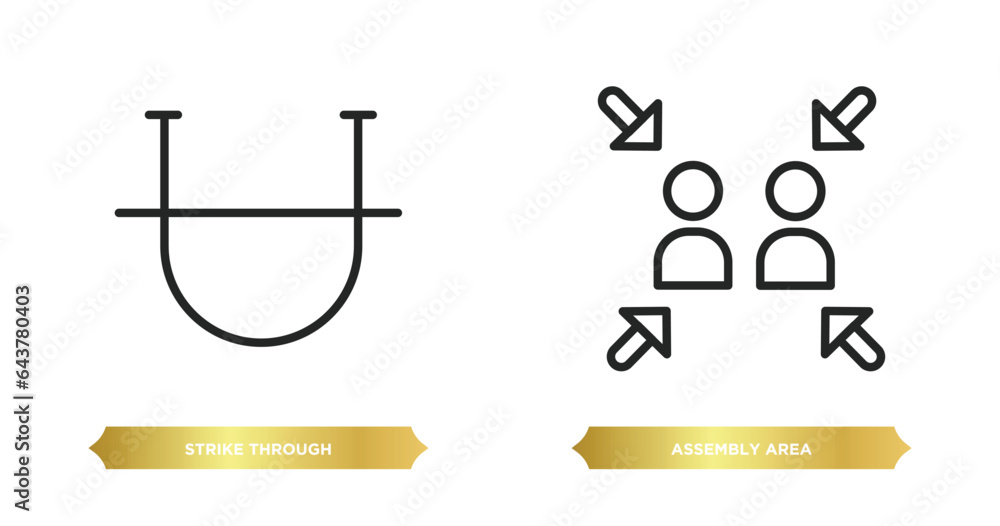 Poster two editable outline icons from shapes concept. thin line icons such as strike through, assembly are