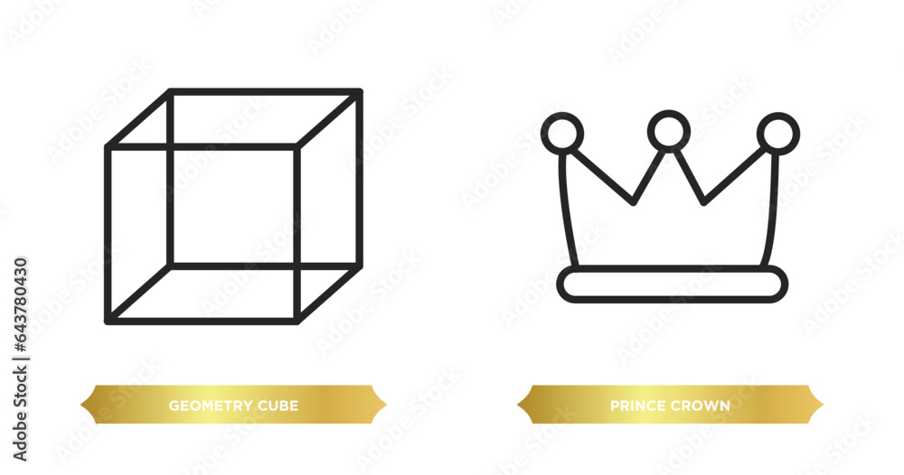 Poster two editable outline icons from shapes concept. thin line icons such as geometry cube, prince crown 