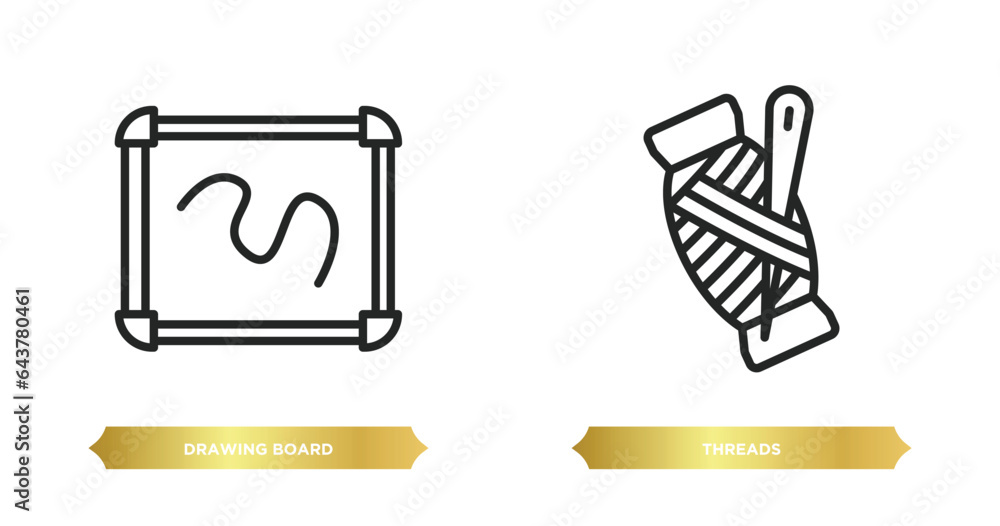 Poster two editable outline icons from sew concept. thin line icons such as drawing board, threads vector.