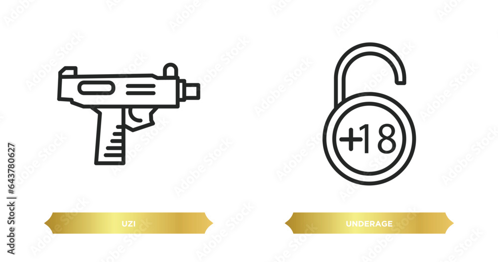 Poster two editable outline icons from security concept. thin line icons such as uzi, underage vector.