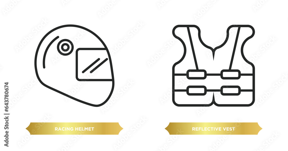 Poster two editable outline icons from security concept. thin line icons such as racing helmet, reflective 