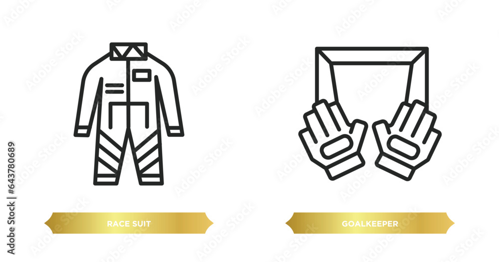 Poster two editable outline icons from security concept. thin line icons such as race suit, goalkeeper vect