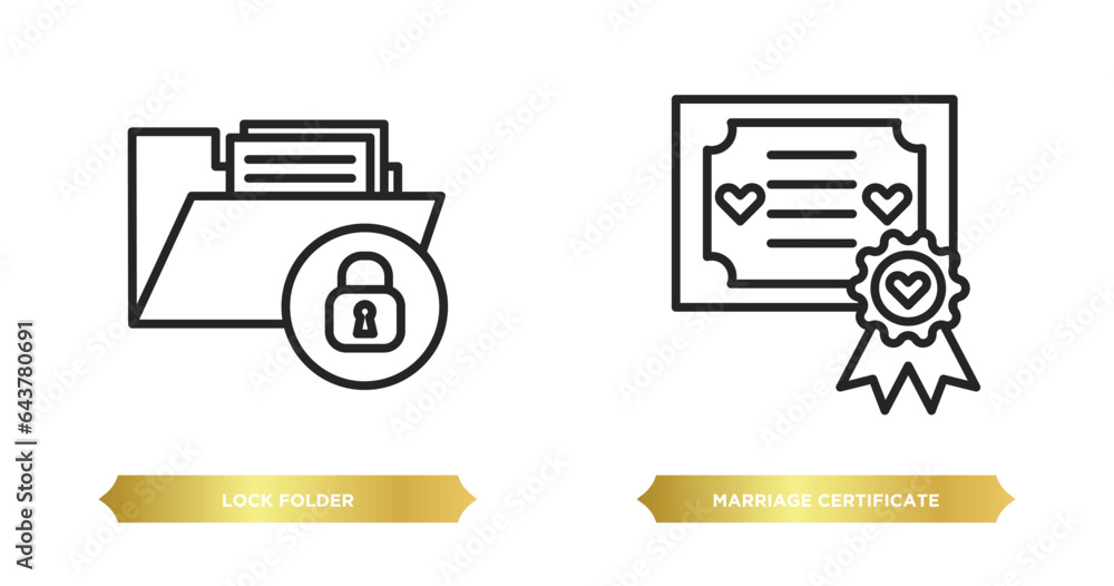 Poster two editable outline icons from security concept. thin line icons such as lock folder, marriage cert