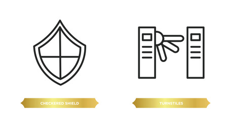 two editable outline icons from security concept. thin line icons such as checkered shield, turnstiles vector.