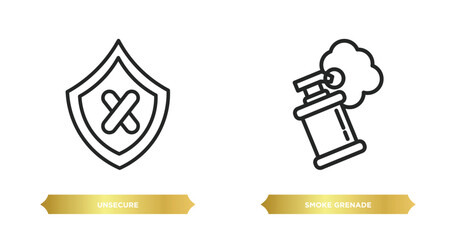 two editable outline icons from security concept. thin line icons such as unsecure, smoke grenade vector.