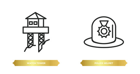 two editable outline icons from security concept. thin line icons such as watch tower, police helmet vector.