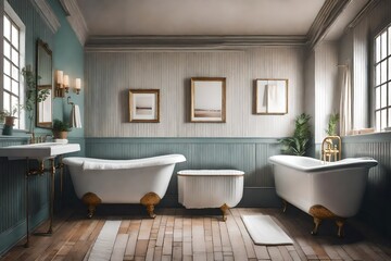Fototapeta na wymiar a scene ofa vintage bathroom with clawfoot tub and subway tile