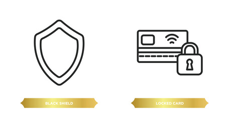 two editable outline icons from security concept. thin line icons such as black shield, locked card vector.