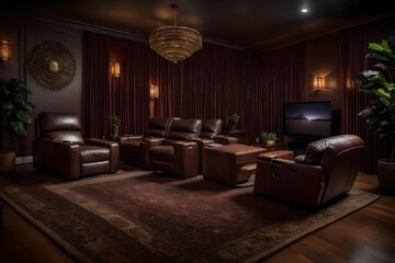 a living room witha home theater setup and reclining leather chairs