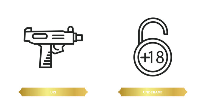 two editable outline icons from security concept. thin line icons such as uzi, underage vector.