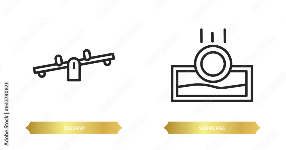 Poster two editable outline icons from science concept. thin line icons such as seesaw, submerge vector.