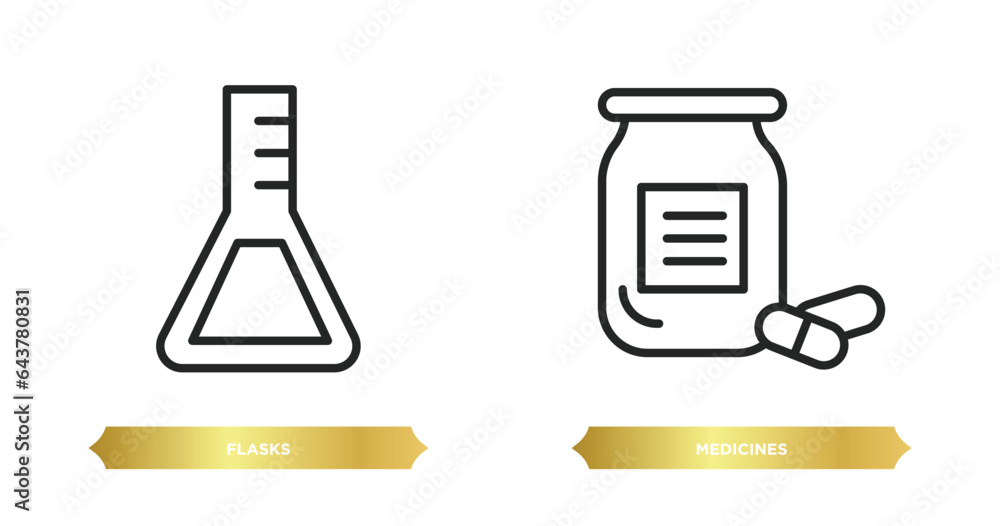 Poster two editable outline icons from science concept. thin line icons such as flasks, medicines vector.