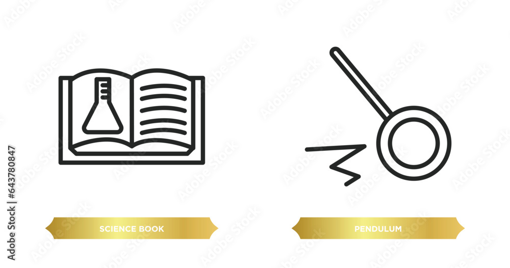 Poster two editable outline icons from science concept. thin line icons such as science book, pendulum vect
