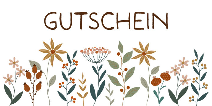 Gutschein - Schriftzug in deutscher Sprache. Couponkarte mit h&uuml;bschen Blumen.