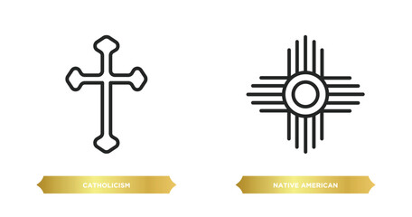 two editable outline icons from religion concept. thin line icons such as catholicism, native american sun vector.