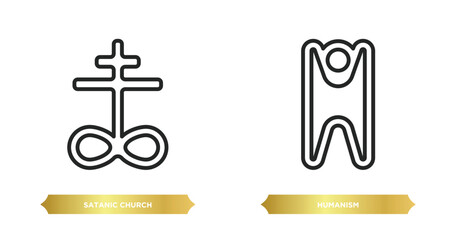 two editable outline icons from religion concept. thin line icons such as satanic church, humanism vector. - obrazy, fototapety, plakaty
