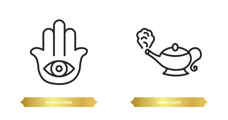 two editable outline icons from religion concept. thin line icons such as hamsa hand, genie lamp vector.