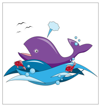 Cartoon whale and fish swim in the ocean