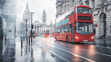 Foto op Plexiglas London Red Bus in middle of city street in light of lanterns. Evening mist. Banner © Nataliia