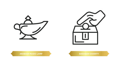two editable outline icons from religion concept. thin line icons such as arabian magic lamp, sadaqah charity vector.
