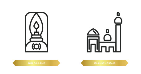 two editable outline icons from religion concept. thin line icons such as old oil lamp, islamic mosque vector.
