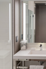 Modern sink, mirror, and glass shower of a hotel bathroom interior