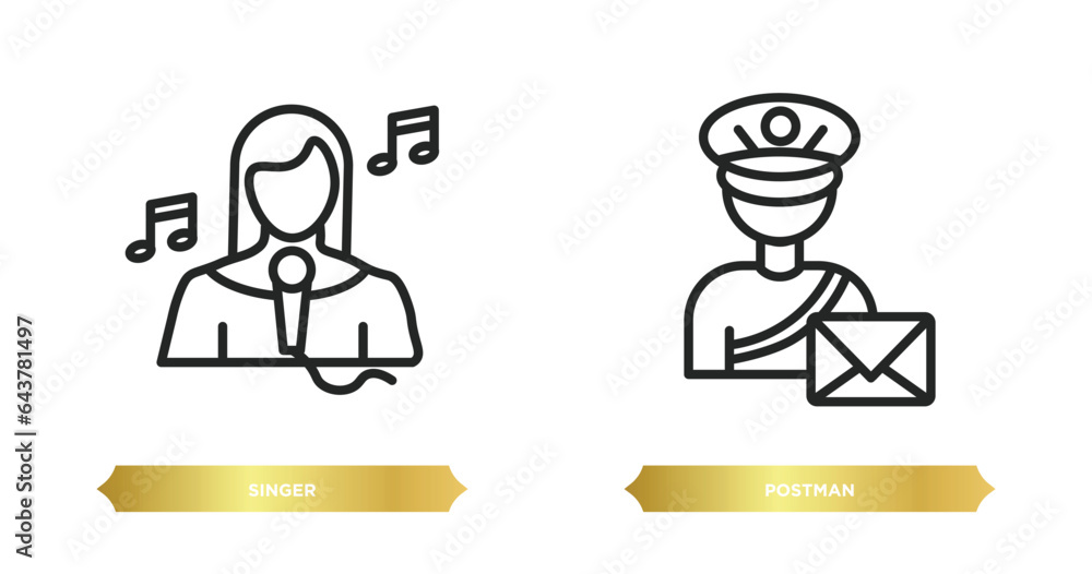 Poster two editable outline icons from professions concept. thin line icons such as singer, postman vector.