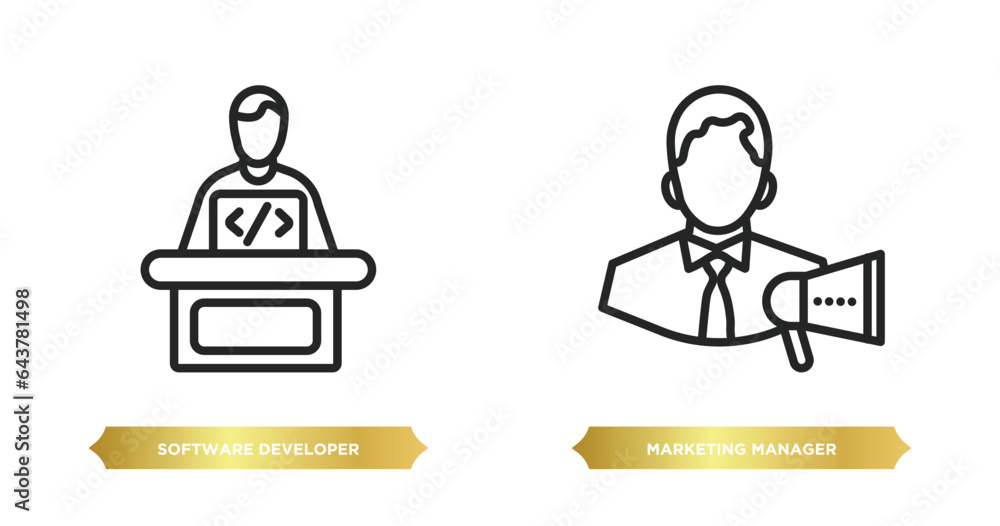 Poster two editable outline icons from professions concept. thin line icons such as software developer, mar