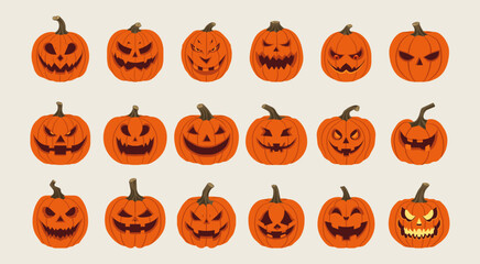 Traditional Pumpkin Carving Set, Creepy Halloween Decoration with Carved Jack O' Lantern Various Faces, Vector Flat Design Illustration
