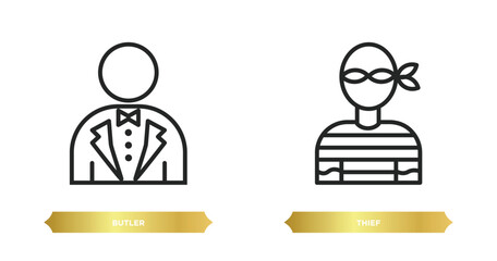two editable outline icons from professions concept. thin line icons such as butler, thief vector.