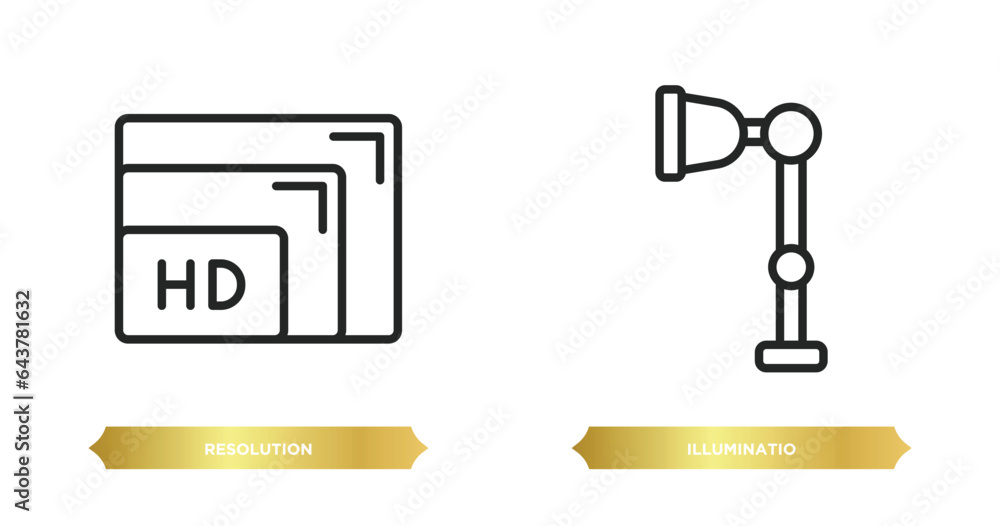 Poster two editable outline icons from photography concept. thin line icons such as resolution, illuminatio