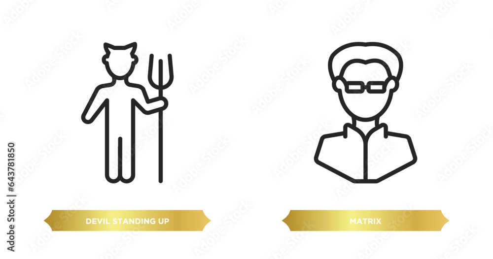 Poster two editable outline icons from people concept. thin line icons such as devil standing up, matrix ve
